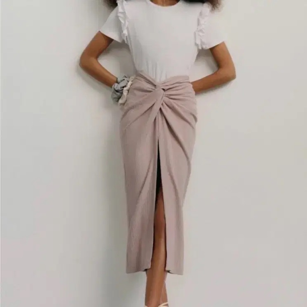 Zara Beige Front Knot Midi Skirt